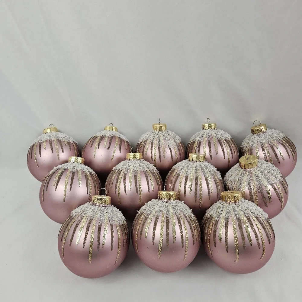 Large Opulent Pink Gold Round Mercury Glass Christmas Ornaments Set of 12